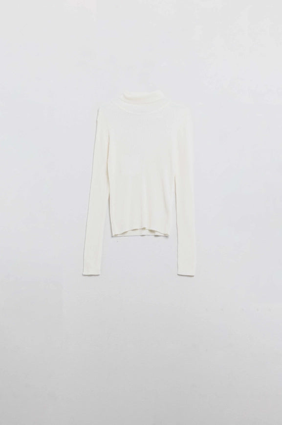 Cream Basic Ribbed Sweater with High Neck