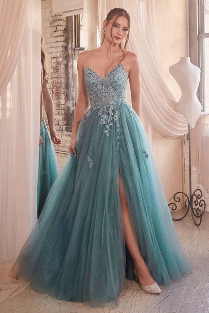 Strapless A-Line Lace & Tulle Dress-Nightgown-Tux-USA-8-Dusty Teal-Urbanheer