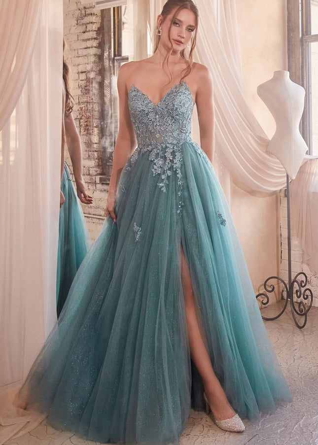 Strapless A-Line Lace & Tulle Dress-Nightgown-Tux-USA-8-Dusty Teal-Urbanheer