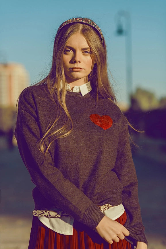 Carbon Grey Sweater with Red Heart Detail