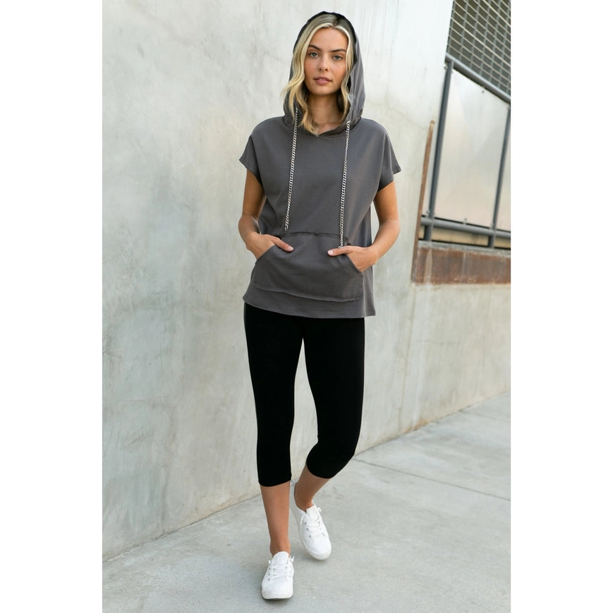 Hoodie Short Sleeve Top with Chains Charcoal-Hoodie-Vocal-Urbanheer