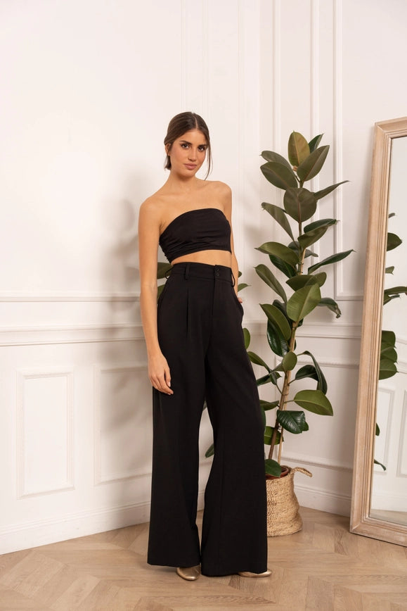 Wide-Cut Plain Pants with Double Breasted Black-Pants-Attentif Paris-Urbanheer