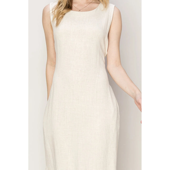 D-LINEN Blended Tie Waist Dress OATMEAL-Dress-HYFVE-Urbanheer