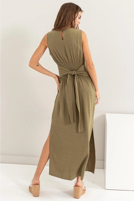 D-LINEN Blended Tie Waist Dress OLIVE-Dress-HYFVE-Urbanheer