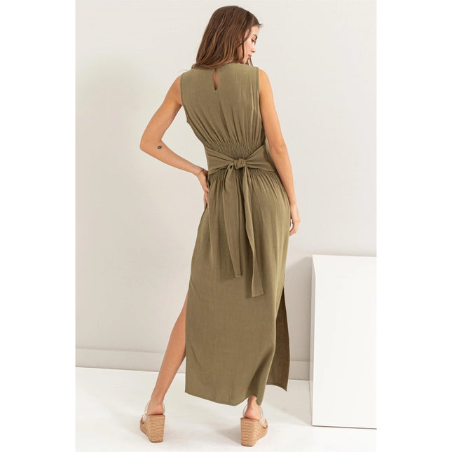 D-LINEN Blended Tie Waist Dress OLIVE-Dress-HYFVE-Urbanheer