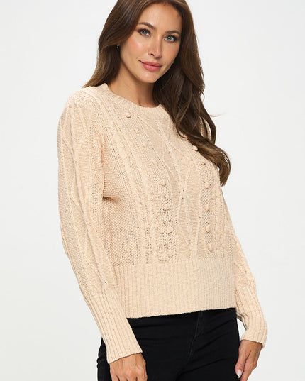 Knit Round Neck Pullover Sweater With Braid Detail-Renee C.-Urbanheer