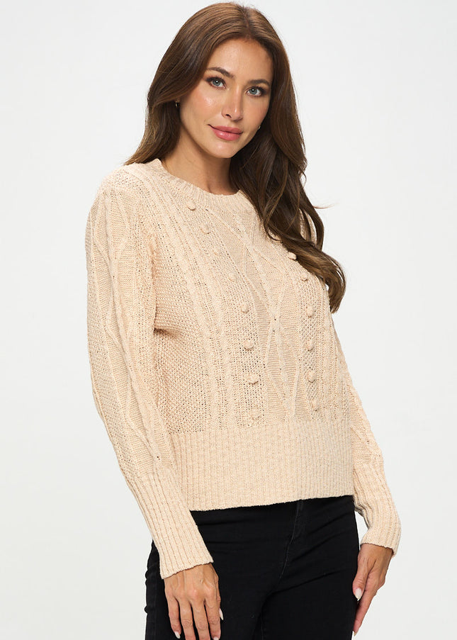 Knit Round Neck Pullover Sweater With Braid Detail-Renee C.-Urbanheer