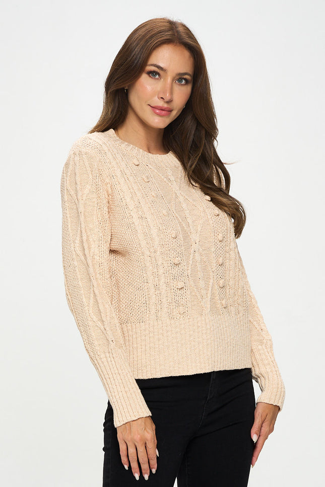 Knit Round Neck Pullover Sweater With Braid Detail-Renee C.-Urbanheer