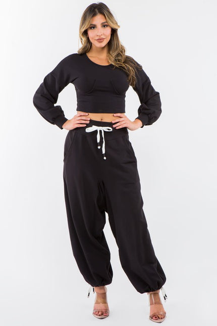 High Waisted Baggy French Terry Pants Black-Pants-LABIJOU-Urbanheer