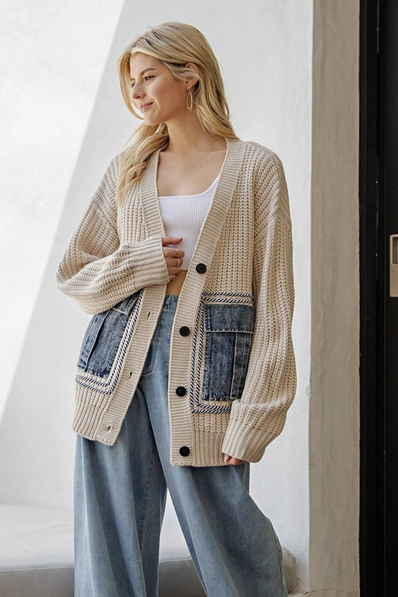 Button Down Cardigan with Denim Pockets