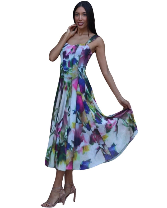 Iris Sleeveless Tea Length Fit N Flare Paneled Dress