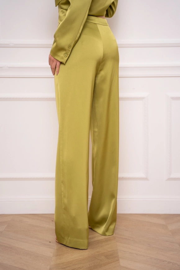 Satin Straight Cut Pants Olive-Pants-Attentif Paris-Urbanheer