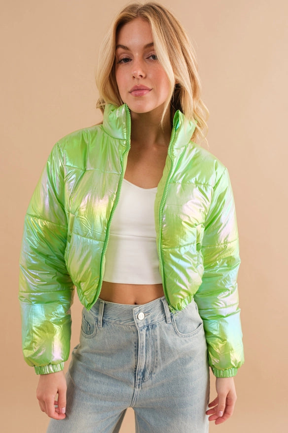 Windbreaker Metallic Puffer Crop Zip Up Jacket Lime-Jacket-Blue B-S-Urbanheer