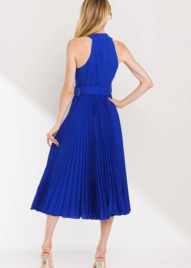 Cross Over Pleats Midi Dress- Blue-Clothing - Women-Neon Blush-Urbanheer