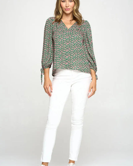 Floral Print Top With Self Tie Sleeves-Renee C.-Urbanheer