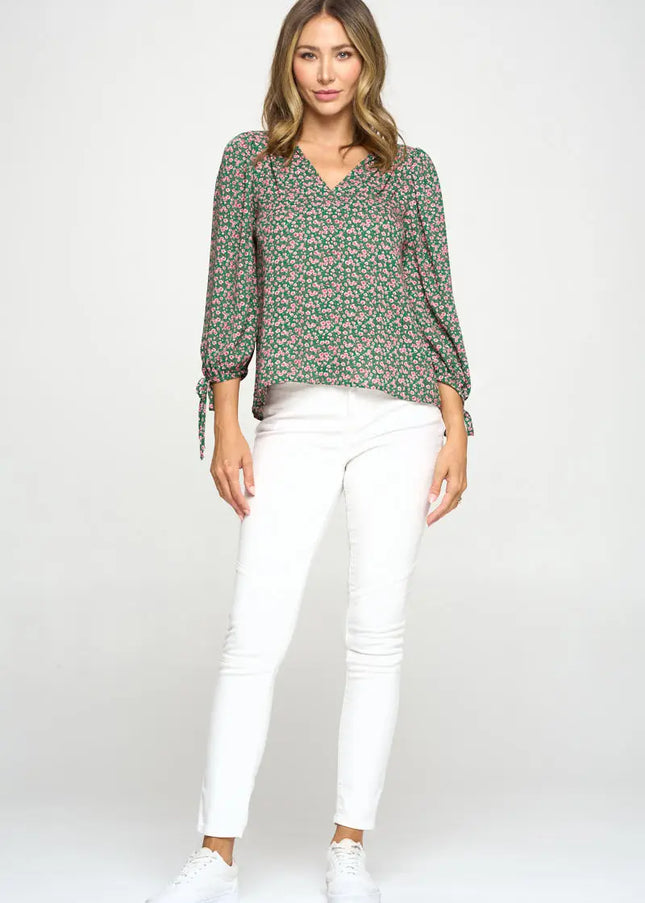 Floral Print Top With Self Tie Sleeves-Renee C.-Urbanheer