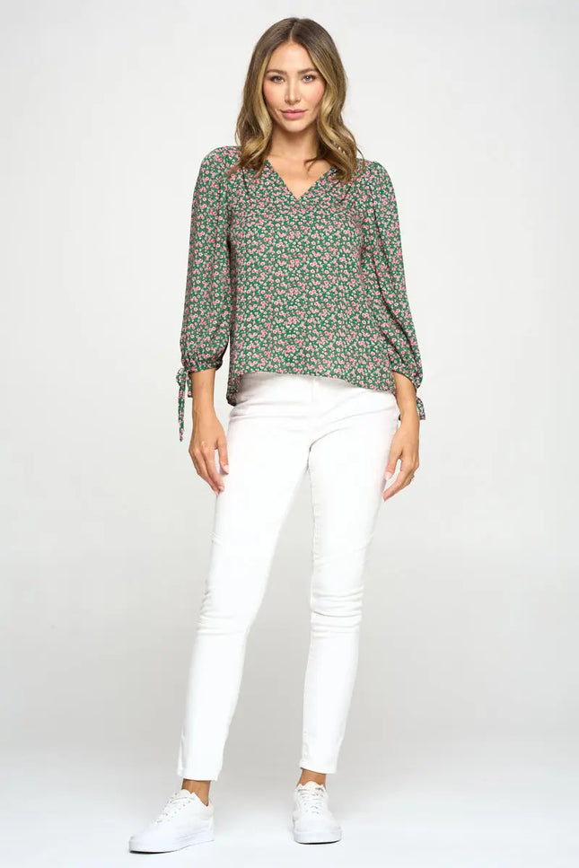 Floral Print Top With Self Tie Sleeves-Renee C.-Urbanheer