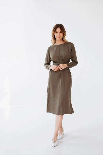 Wrap Linen Dress, Belted Khaki Green Dress For Women Long-Dress-Nich Linen-Urbanheer