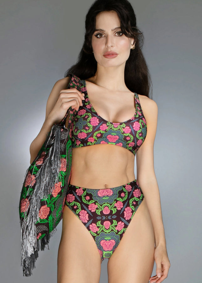 Multi-Hued Double-Layered Floral Roses Burgundy Pink Bikini-Nuvula-Urbanheer