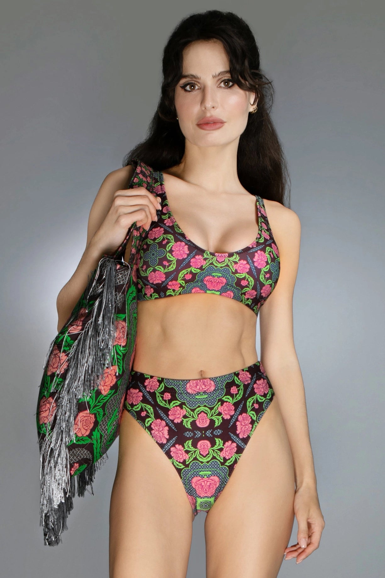 Multi-Hued Double-Layered Floral Roses Burgundy Pink Bikini-Nuvula-Urbanheer