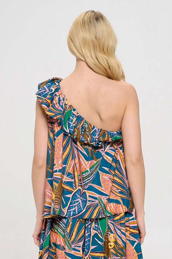 Tropical Leaf Print One Shoulder Top with Ruffle Blue/Orange-TOP-Renee C.-Urbanheer