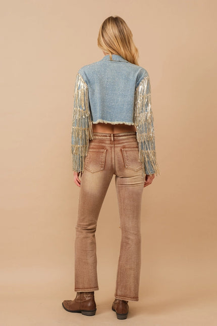 Crop Fayed Ed Studded Sequin Tiered Denim Jacket-Jacket-Blue B-Urbanheer