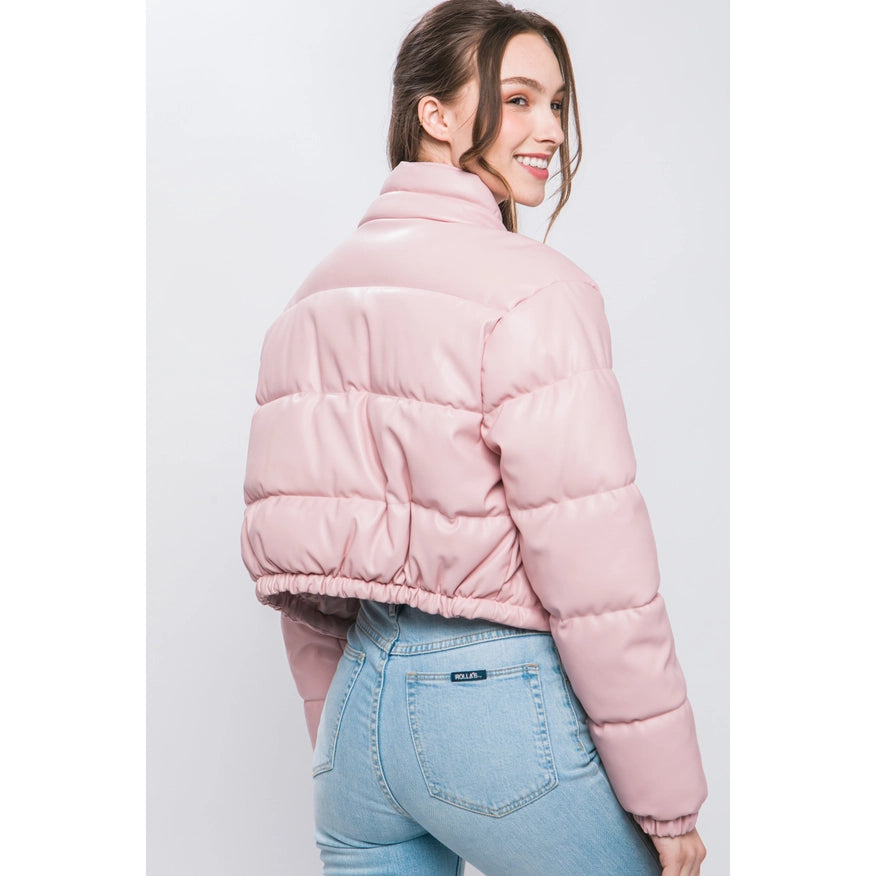 Faux Leather Puffer Jacket Pink-Jacket-Faith Apparel-Urbanheer