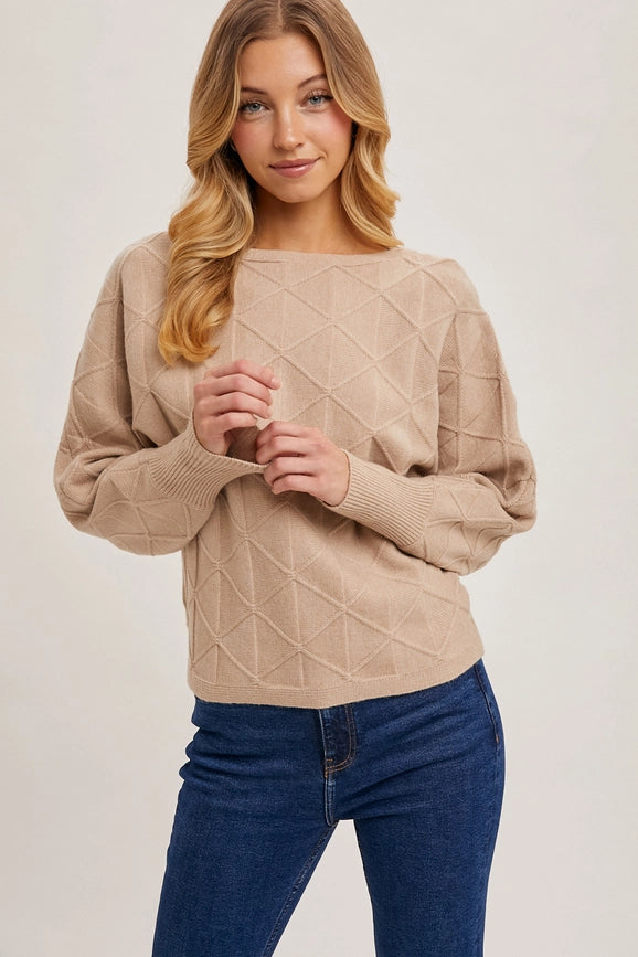 Long Sleeve Boat Neck Diamond Knit Sweater BEIGE