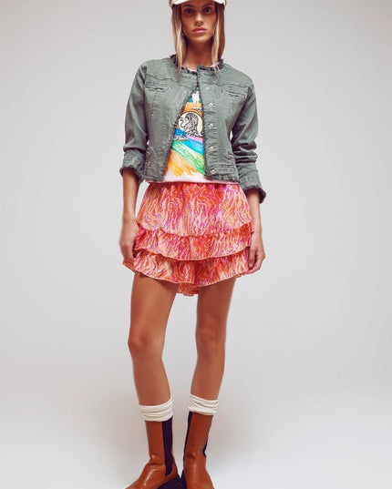 Shorts with Frilly Hem in Abstract Zebra Print in Orange-Shorts-Q2-Urbanheer