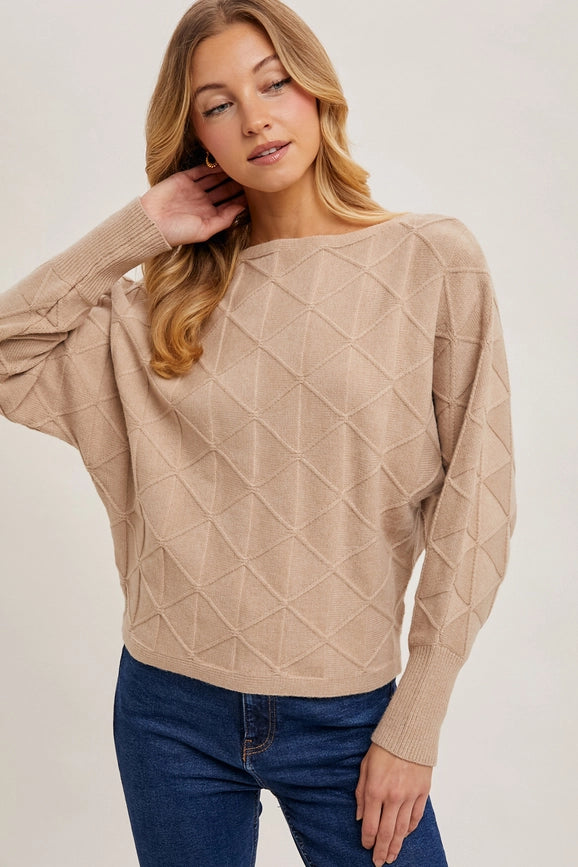 Long Sleeve Boat Neck Diamond Knit Sweater BEIGE