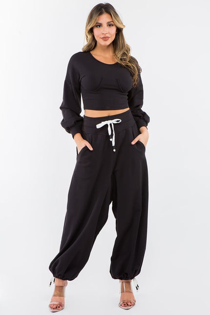 High Waisted Baggy French Terry Pants Black-Pants-LABIJOU-Urbanheer