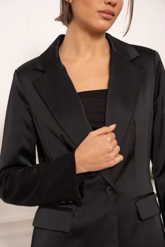 Satin Plain Fitted Jacket Black-Jacket-Attentif Paris-Urbanheer