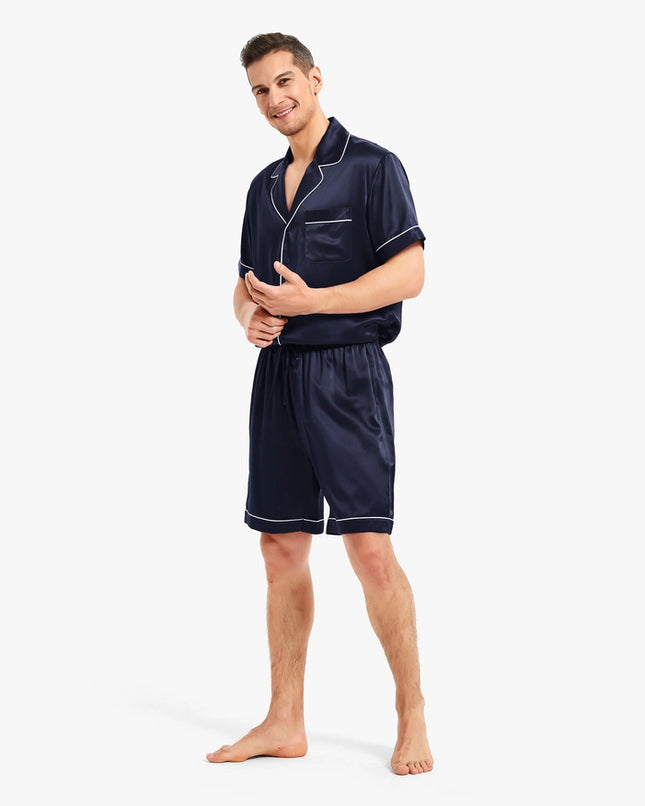 Piped Silk Short Pajamas Navy Blue-Sets-MommeSilk-XS-Urbanheer