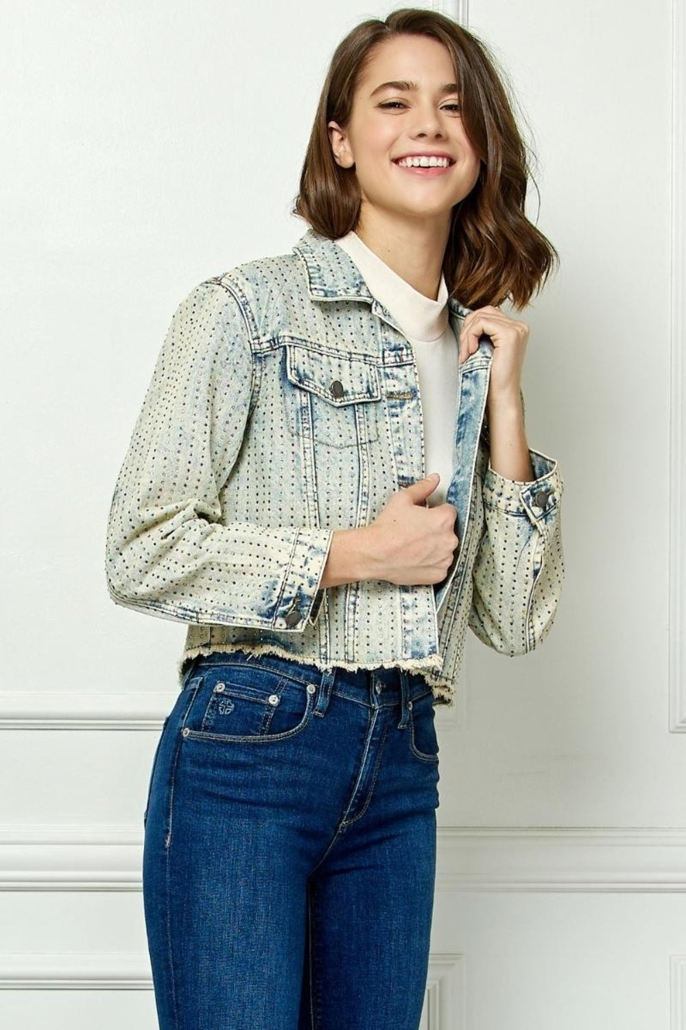 Veveret Multi Color Stripe Rhinestone Raw Hem Denim Jacket-UHX-Urbanheer