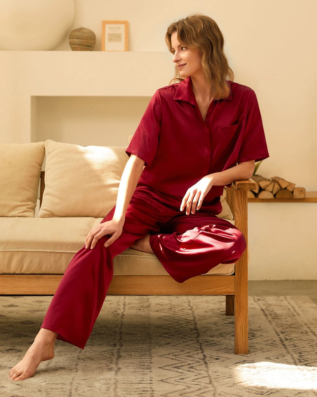 Short Sleeve Silk Pajamas Claret-Pajamas-MommeSilk-Urbanheer