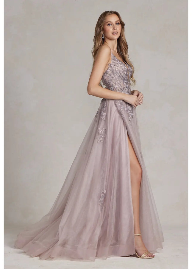 Embroidered Plunging V-Neck Prom Gown-Clothing - Women-Nox Anabel-Urbanheer