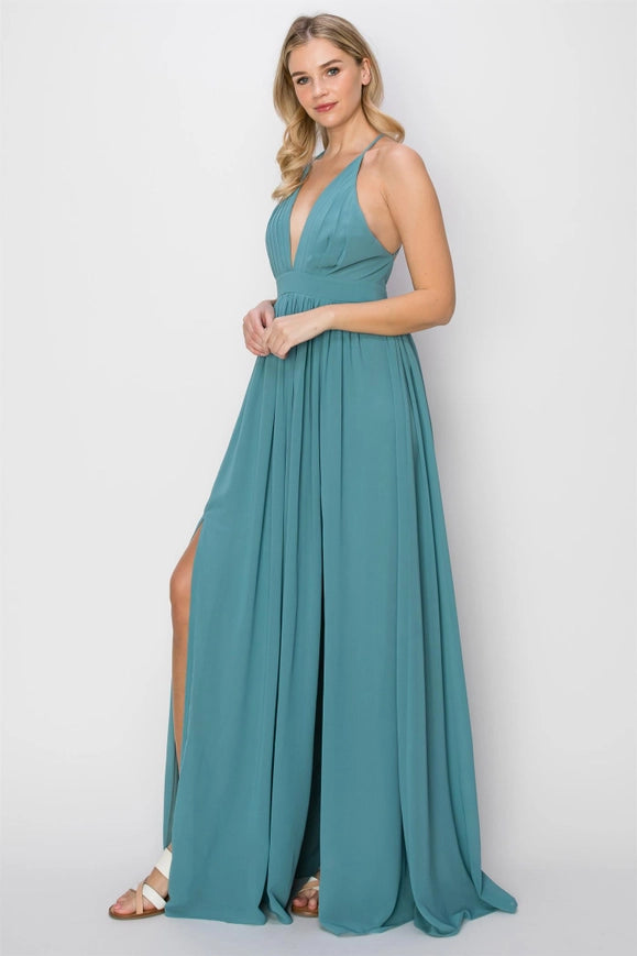 SLEEVELESS Double Strap Slit Maxi Dress D.TURQUOISE-Dress-HYFVE-Urbanheer