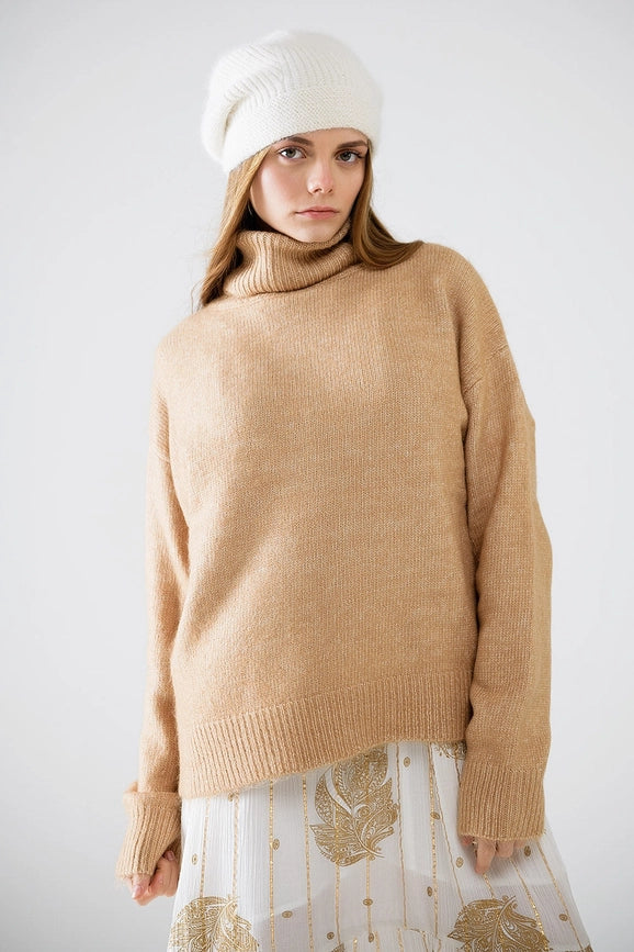 Beige Turtleneck Jumper with Dropped Sleeves