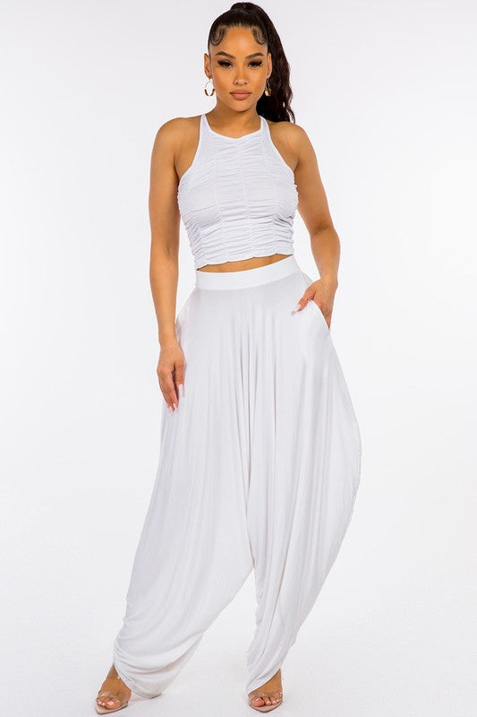 Single Jersey Cropped Ruched Top Set White-Sets-LABIJOU-Urbanheer