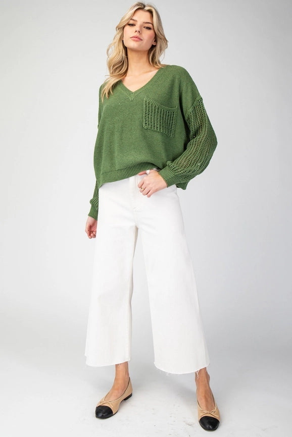 Open Knit Long Sleeve Sweater Top DRY HERB