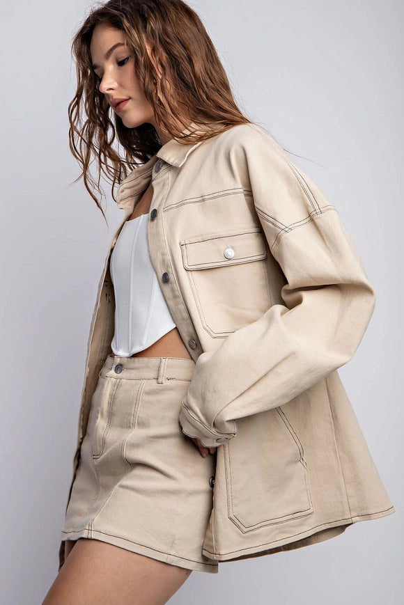 Oversized Twill Jacket with Contrast Stitch Light Taupe-Jacket-EDIT by NINE-Urbanheer