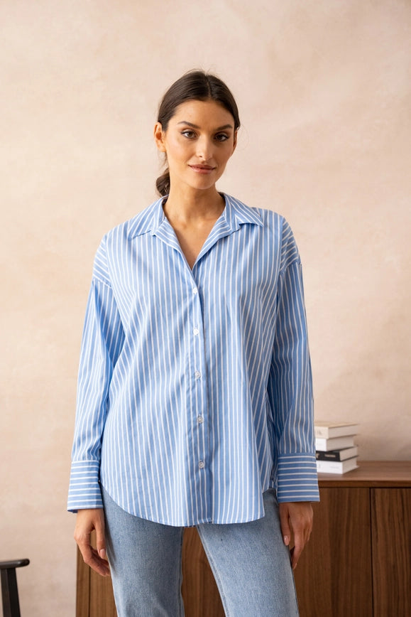 Striped Cotton Shirt with Lapel Collar Sky Blue-SHIRT-Attentif Paris-Urbanheer