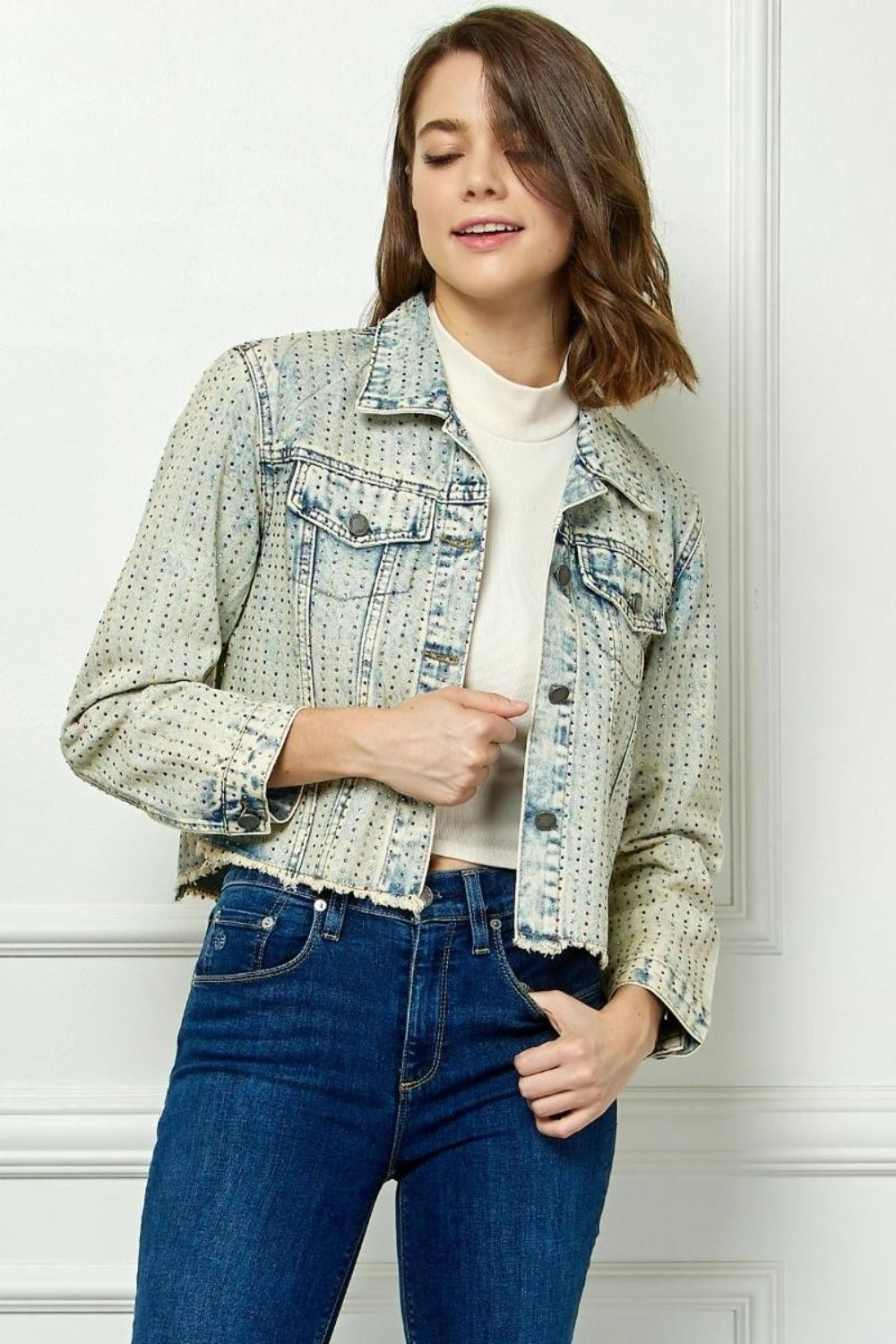 Veveret Multi Color Stripe Rhinestone Raw Hem Denim Jacket-UHX-Urbanheer