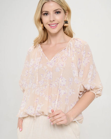 Floral Print V Neck 3/4 Sleeve-TOP-Renee C.-S-Pink-Urbanheer