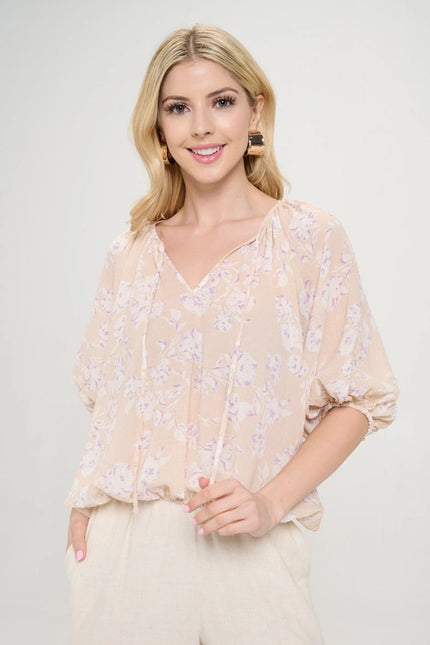 Floral Print V Neck 3/4 Sleeve-TOP-Renee C.-S-Pink-Urbanheer