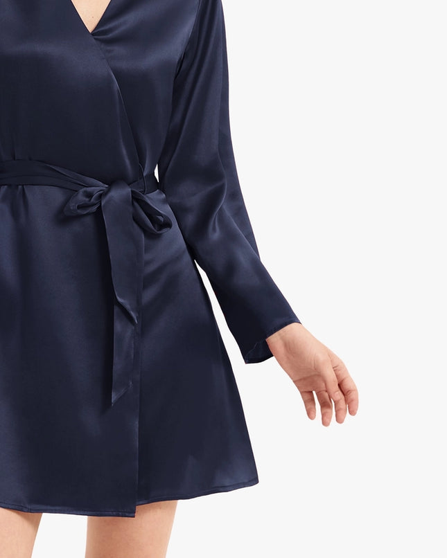 Loose Collarless Silk Navy Blue-Robe-MommeSilk-Urbanheer