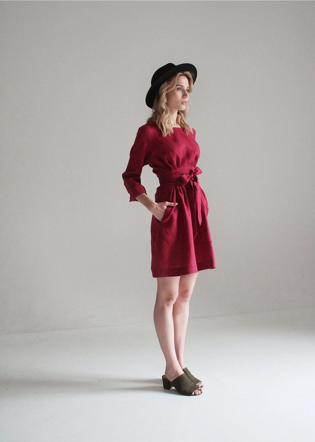 Burgundy Wrap Linen Belted Bridesmaid Dress-Clothing - Women-Nich Linen-Urbanheer