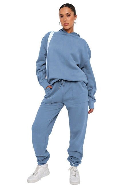 Solid Color Hooded Long Sleeve Sweater and Casual Trousers Suit-Suits-Blak Wardrob-S-Blue-Urbanheer