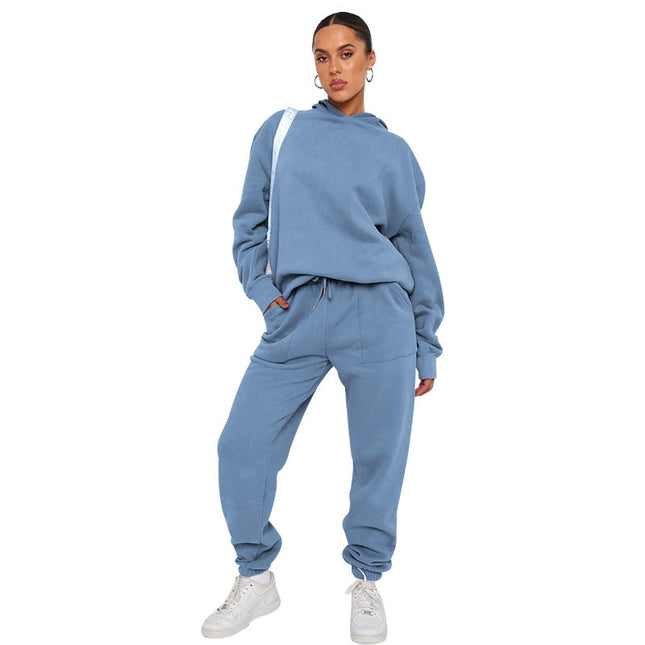 Solid Color Hooded Long Sleeve Sweater and Casual Trousers Suit-Suits-Blak Wardrob-S-Blue-Urbanheer