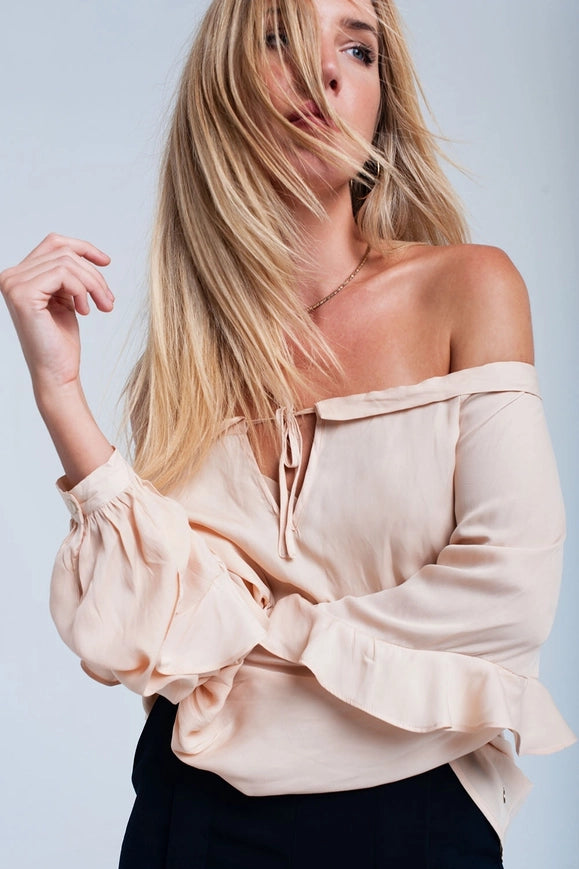 Beige Flowing Off Shoulder Blouse-BLOUSE-Q2-S-Urbanheer